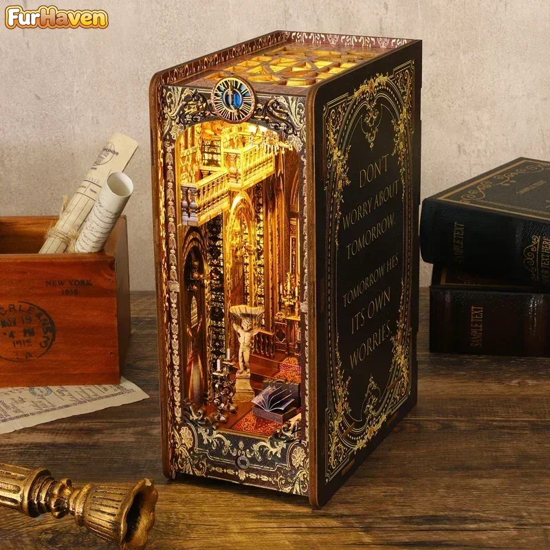 Diy Wooden Book Nook Kit Shelf Insert - DIY houten boekenhoekplank inzetsets, miniatuur kerkboekensteunen